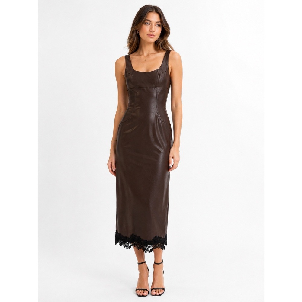 Brown Lace Trim PU Leather Bodycon Midi Cocktail Party Dress Size Small NWT